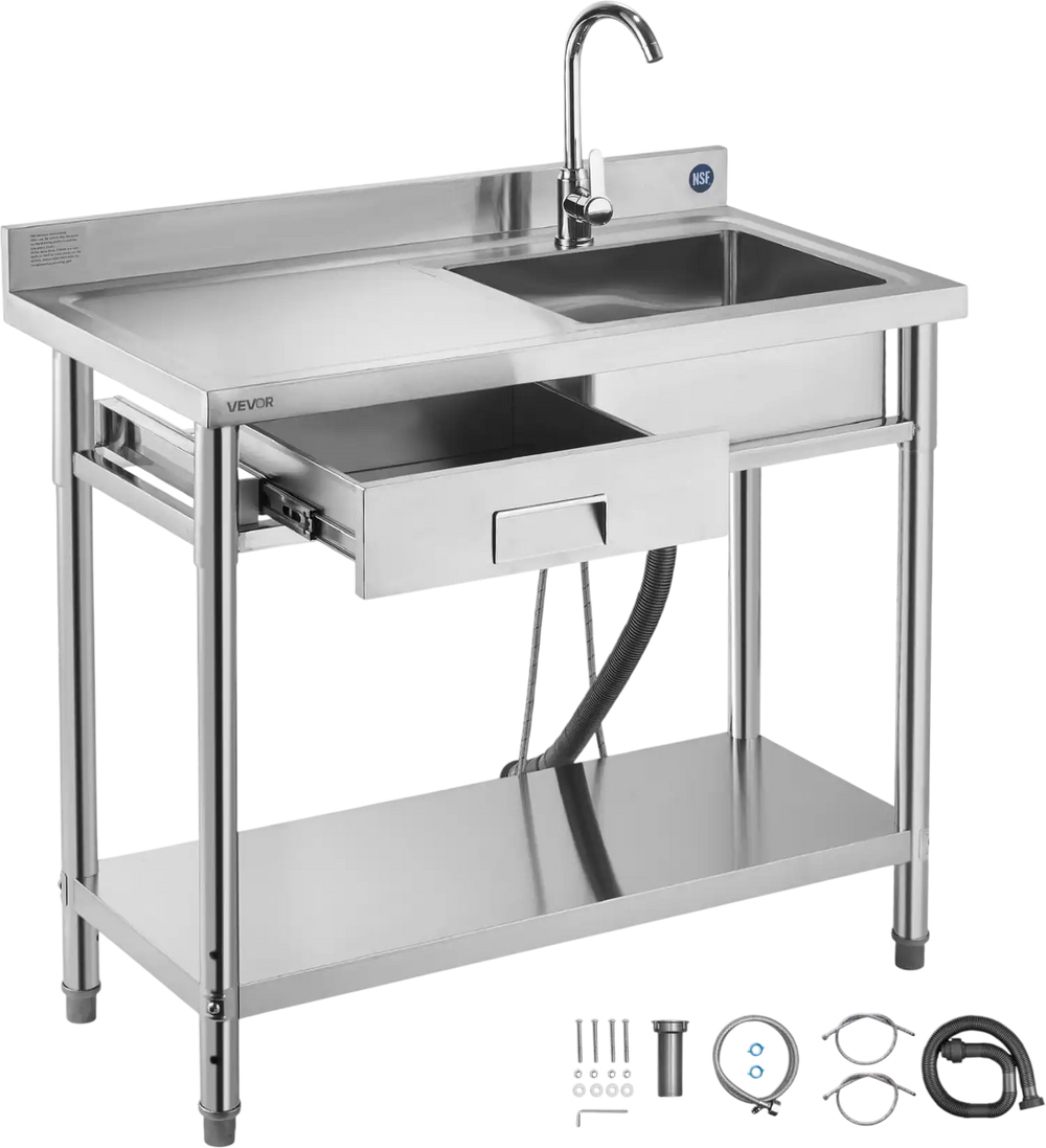 Vevor Utility Sink 39.4 x 19.7 in. with Drawer Left Drainboard Stainless Steel New