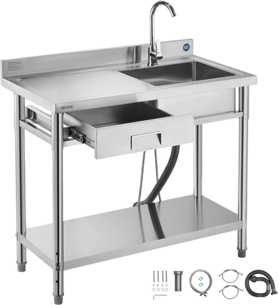 Vevor Utility Sink 39.4 x 19.7 in. with Drawer Left Drainboard Stainless Steel New