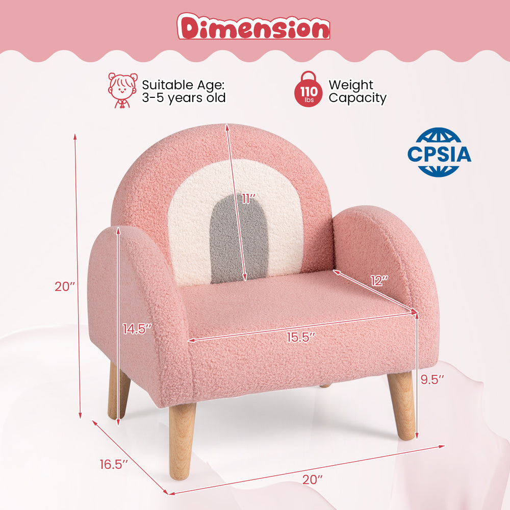 Kids armchair in pink with comfy backrest and armrests, made of soft teddy fleece, suitable for ages 3-5 years.
