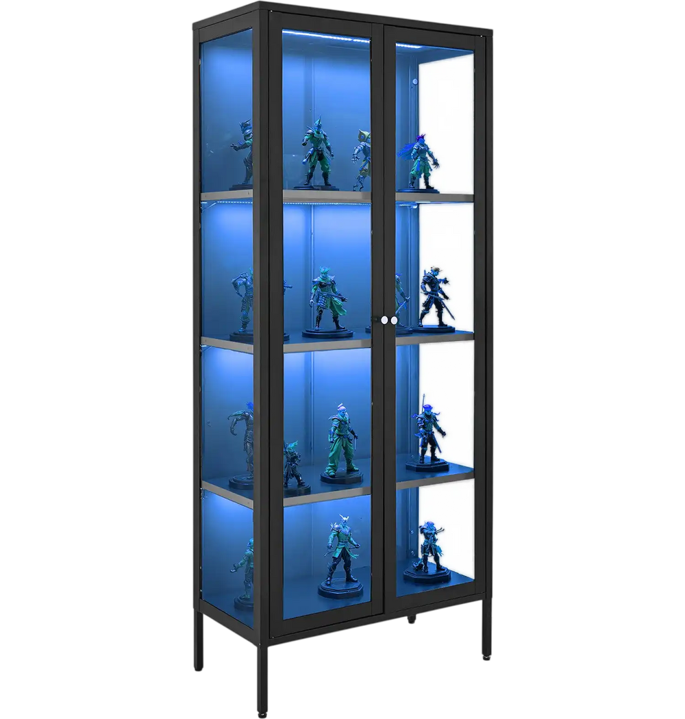 Vevor Display Cabinet 66" Tall 4-Tier Storage with Glass Doors 3 Color Lights New