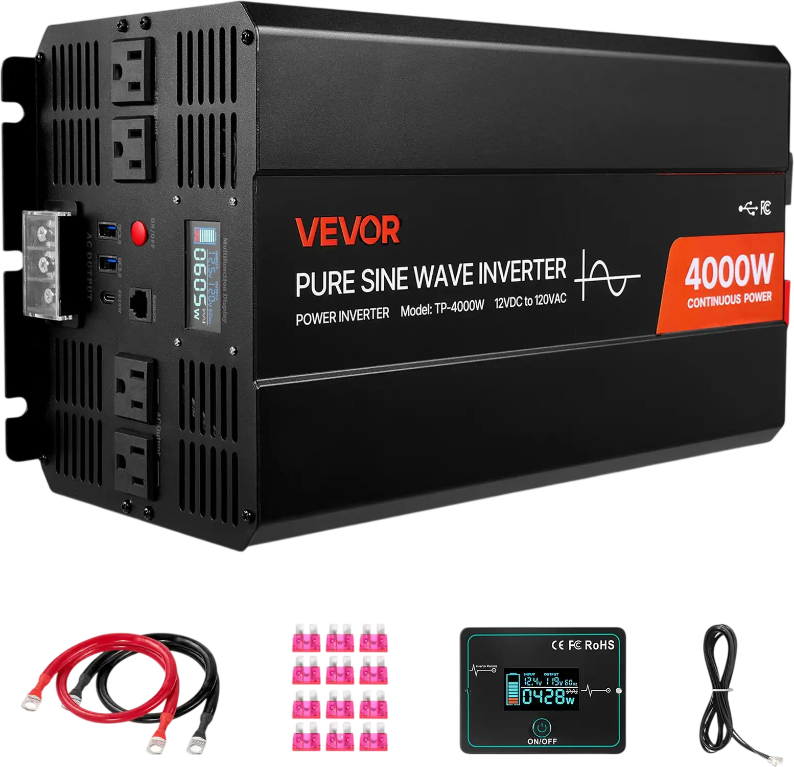 Vevor Power Inverter 4000W 12V DC to 120V AC Pure Sine Wave New