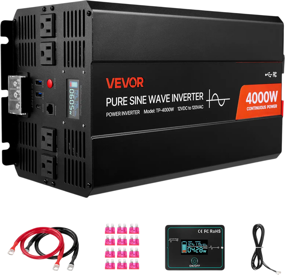 Vevor Power Inverter 4000W 12V DC to 120V AC Pure Sine Wave New