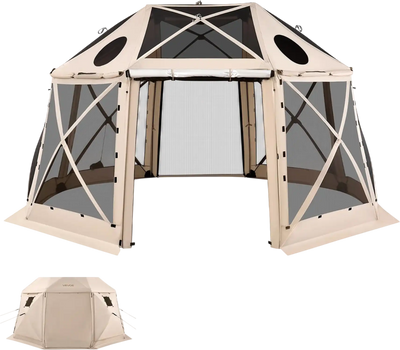 15 person tent VEVOR 15x15 ft Pop-up Gazebo Screen Tent 13-sided Spherical Camping Canopy Removable Top Quick-set Beige Fits 12-15 People