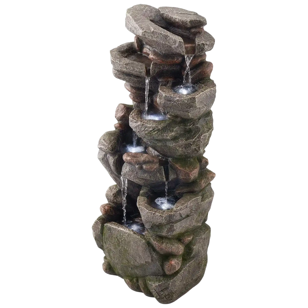 Vevor Outdoor Water Fountain 38.9 in. 7-Tier Rock-Shaped Waterfall with LED Light Pump New