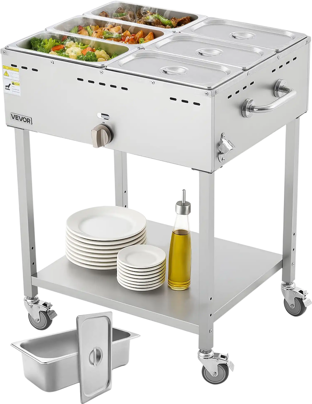Vevor Commercial Steam Table 6-Pan Propane with Drain Valve 3" Wheels Adjustable Temp New