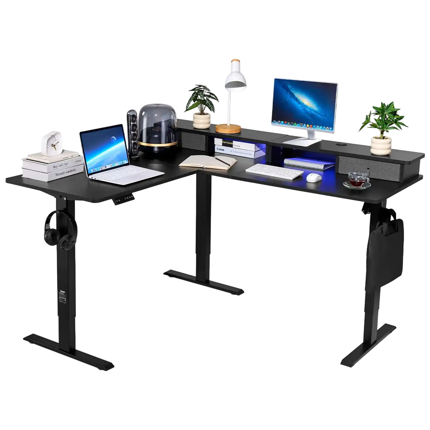Vevor Electric Desk 63 x 55 in. L-Shaped with CPU Stand 2 Fabric Drawers Power Strip New