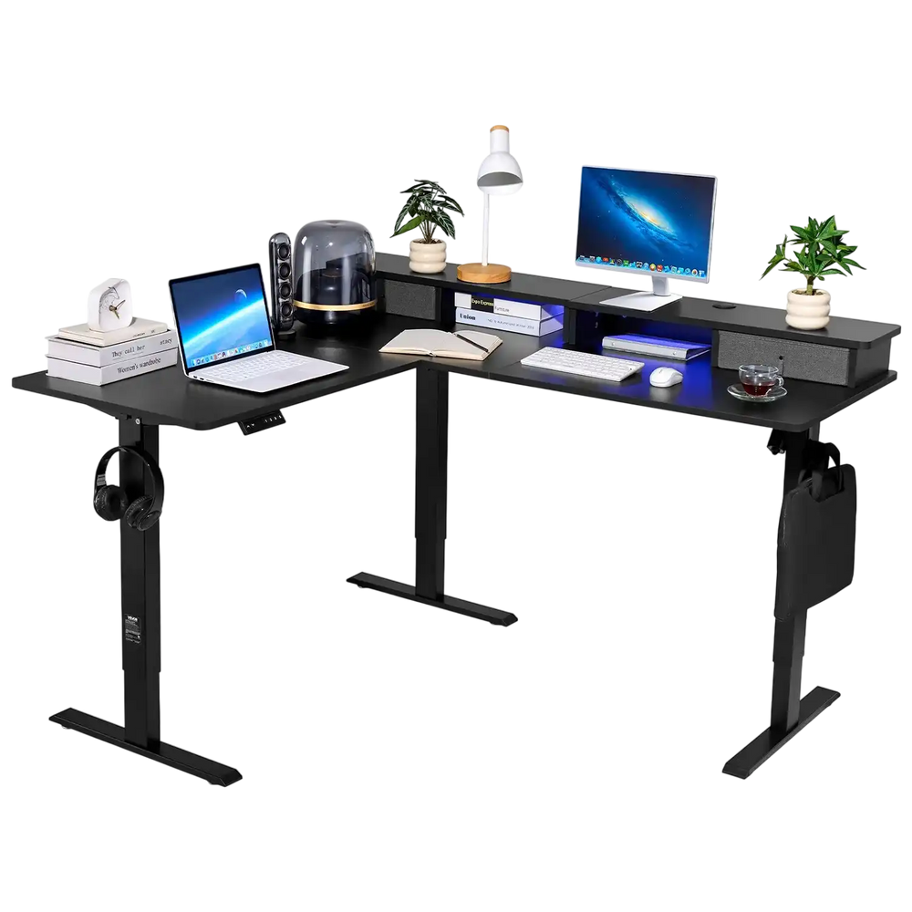 Vevor Electric Desk 63 x 55 in. L-Shaped with CPU Stand 2 Fabric Drawers Power Strip New