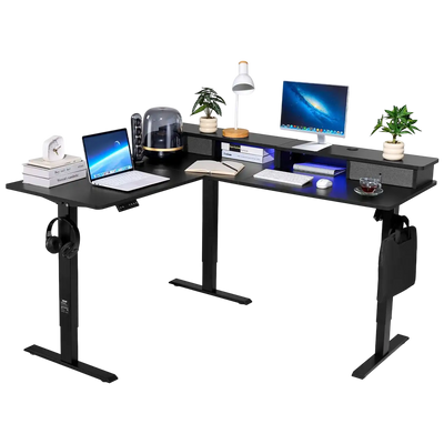 Vevor Electric Desk 63 x 55 in. L-Shaped with CPU Stand 2 Fabric Drawers Power Strip New