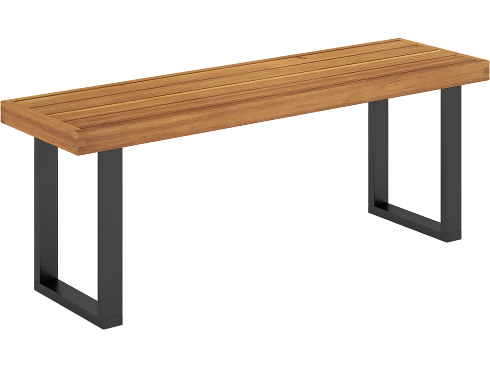 Acacia wood outdoor bench with a sturdy metal frame, 48 inches long, ideal for patio dining or garden seating.