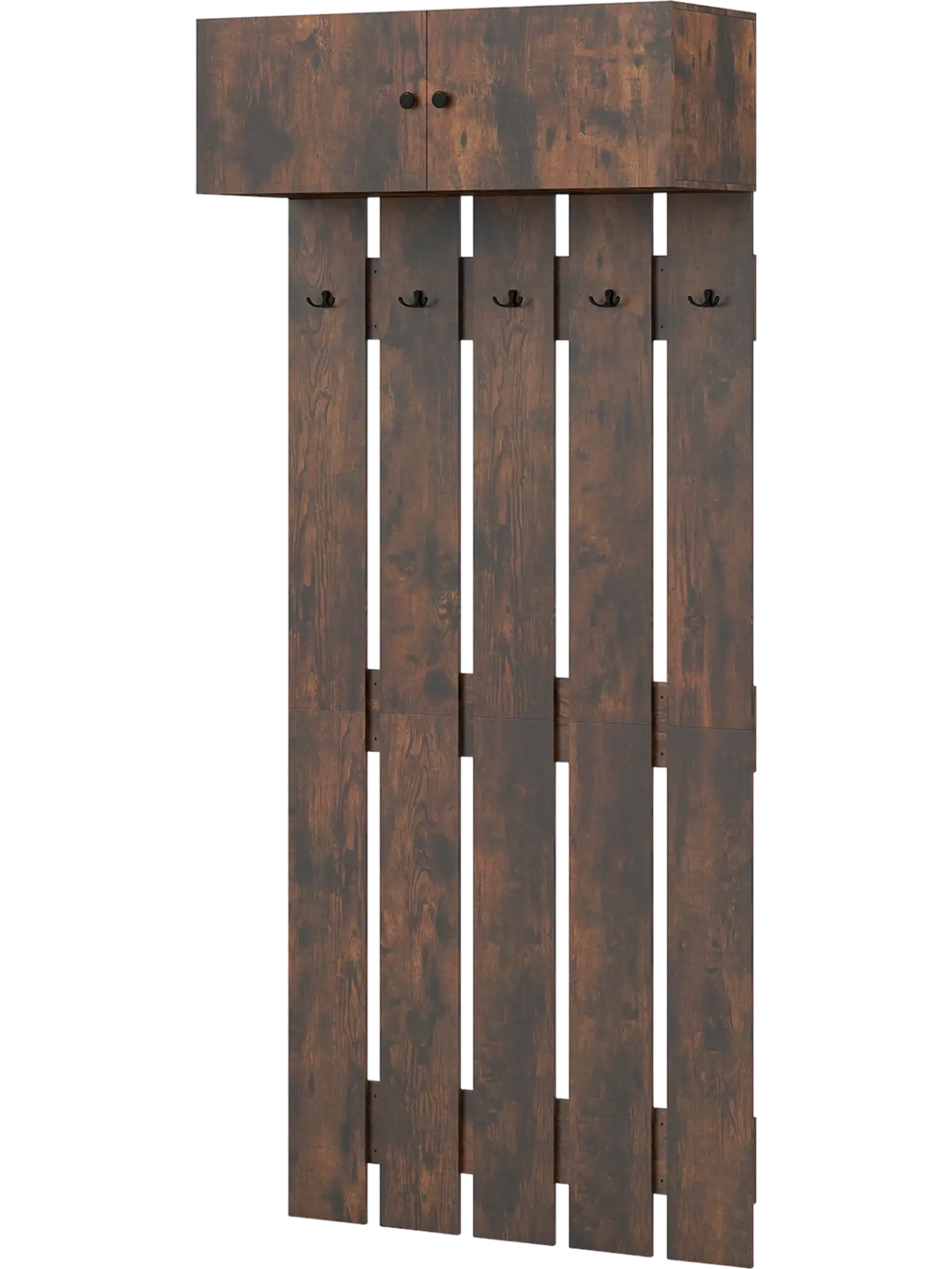 Rustic brown wall-mounted coat rack with upper storage cabinet and five metal hooks, ideal for entryways and compact.