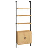 Three-tier bookshelf with natural wood shelves and black metal frame, ideal for organizing office supplies and decor.