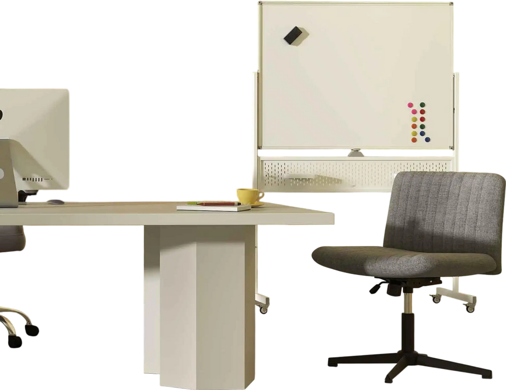 Office Furniture Set: 48 Inches x 36 Inches Mobile Whiteboard+Criss Cross Legged Chair+Linen Upholstered Executive Chair