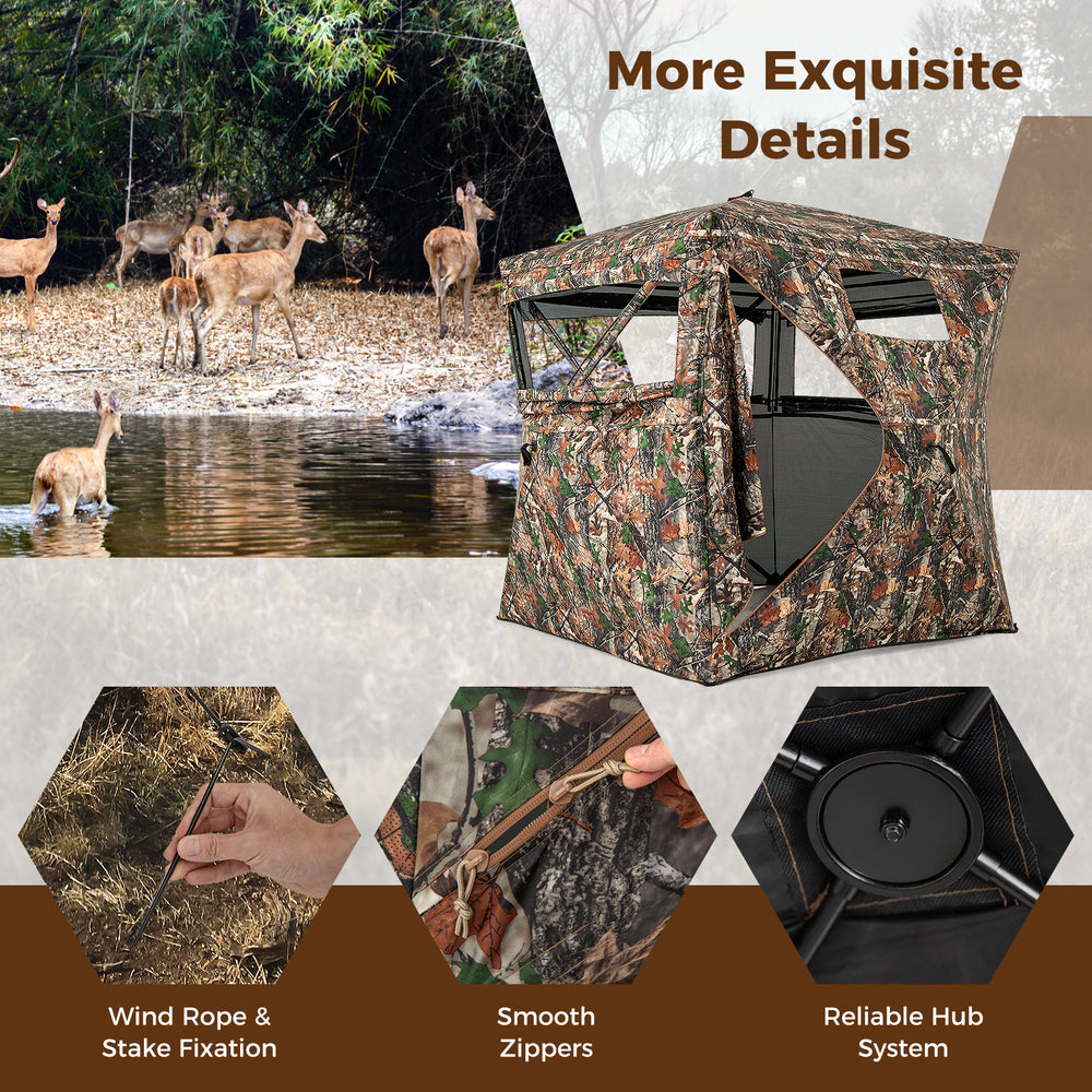82-inch tall hunting blind with camouflage design, featuring 270° visibility and silent sliding windows for stealthy.