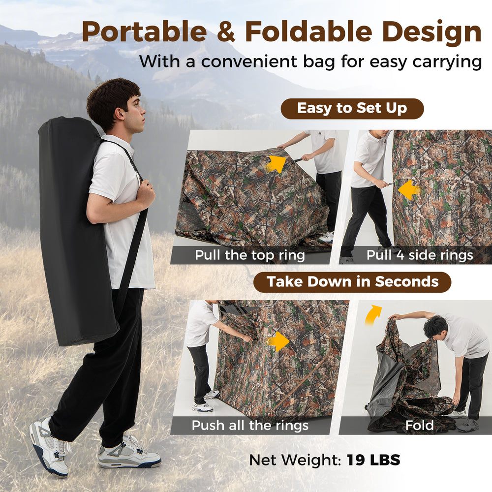 Portable 82-inch tall hunting blind with camouflage design, easy setup, and convenient carrying bag for 3-4 people.