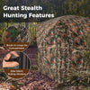 Camouflage hunting blind with 270° visibility, 82" height, and silent sliding windows for stealthy outdoor use.