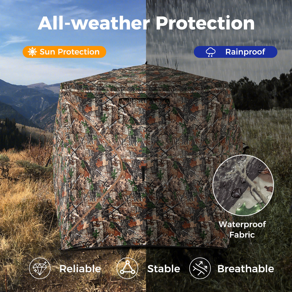 Camouflage 82-inch tall hunting blind with 270° visibility, waterproof fabric, and silent sliding windows for stealth.