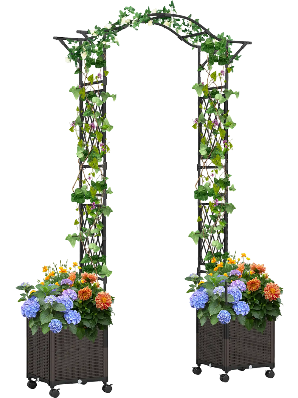 Garden arch trellis with two self-watering planter boxes on wheels, ideal for climbing plants and outdoor decor.