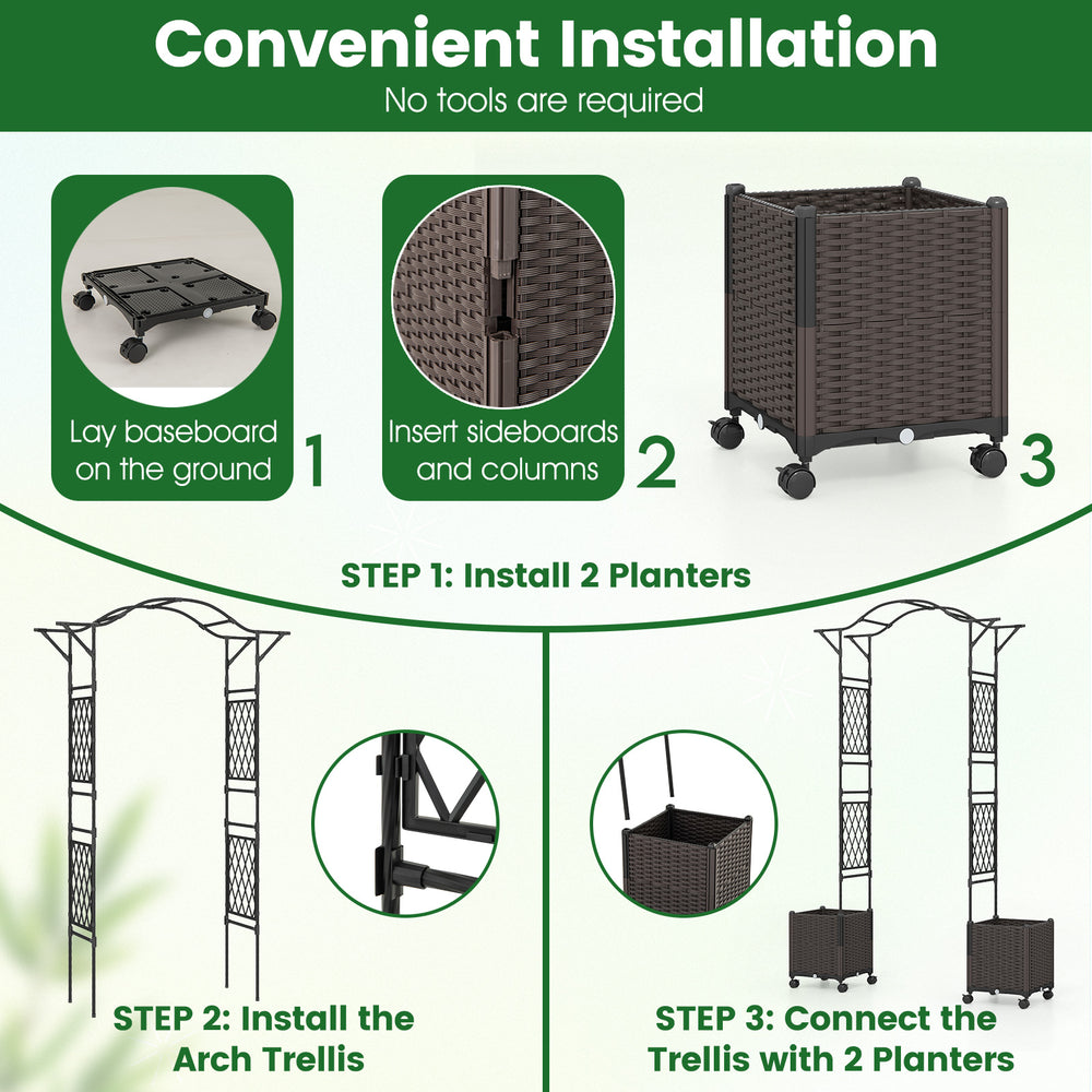 Garden arch trellis with two self-watering planter boxes, featuring textured metal tubes and 360° swivel wheels for.