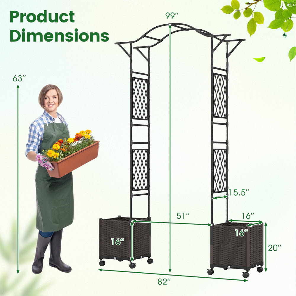 Garden arch trellis with two self-watering planter boxes, 82 x 99 inches, ideal for vertical plant growth and easy.