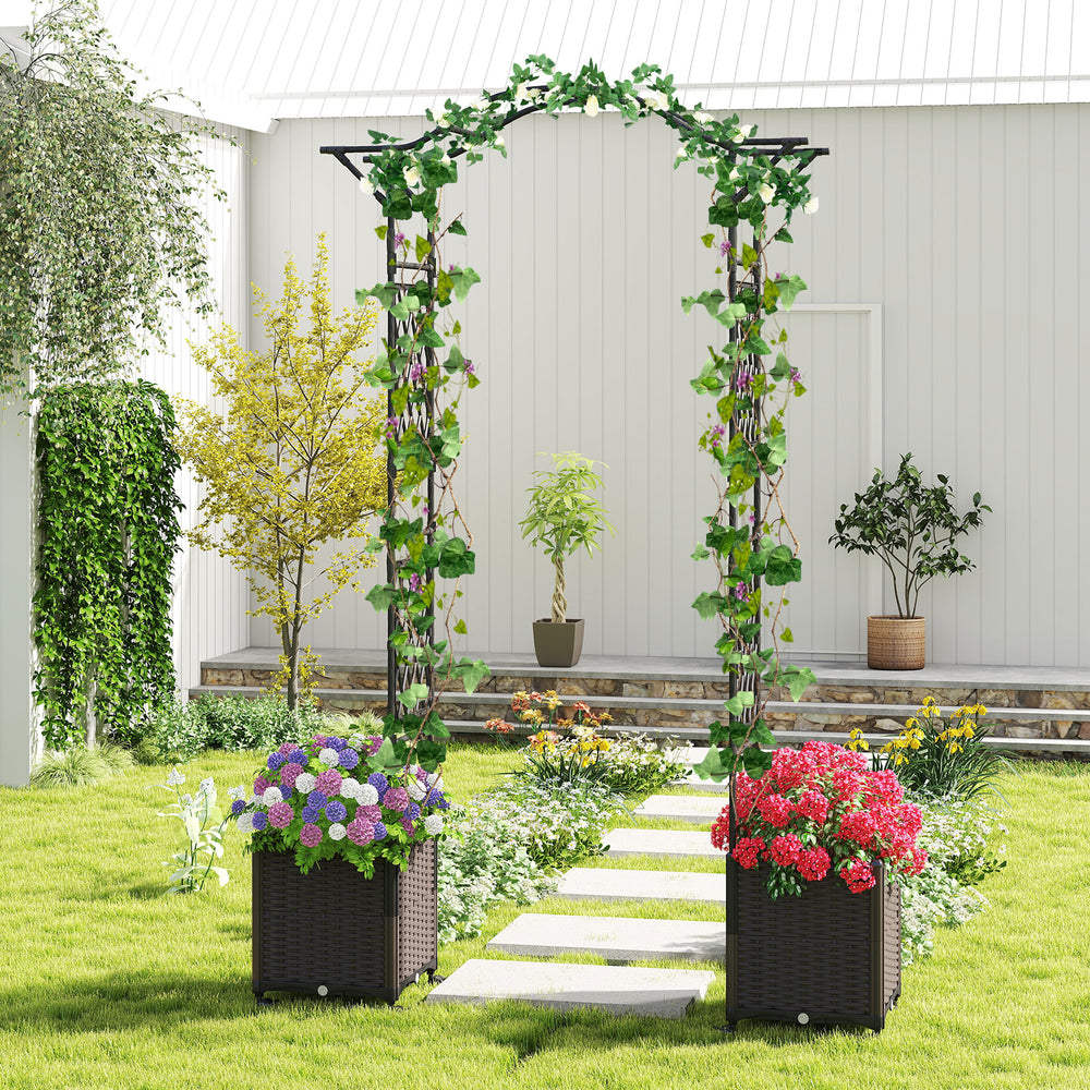 Garden arch trellis with self-watering planter boxes, ideal for climbing plants, featuring a weather-resistant design.
