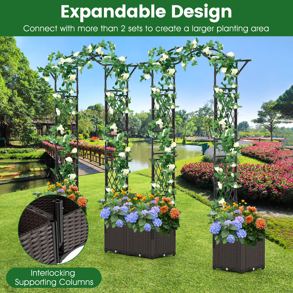 Expandable garden arch trellis with two self-watering planter boxes, ideal for climbing plants and outdoor decor.