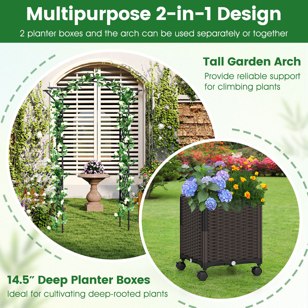 Garden arch trellis with two self-watering planter boxes, ideal for deep-rooted plants, perfect for outdoor spaces.