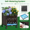 Self-watering planter box with vibrant flowers, featuring drainage holes and wheels for easy movement and irrigation.