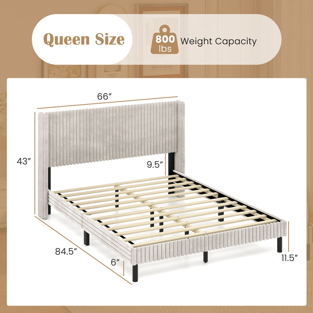 Queen size velvet bed frame with vertical channel tufted headboard, featuring sturdy rubber wood legs and under-bed.