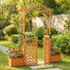 Garden arbor with gate and two planter boxes in rustic fir wood, perfect for supporting climbing plants and flowers.