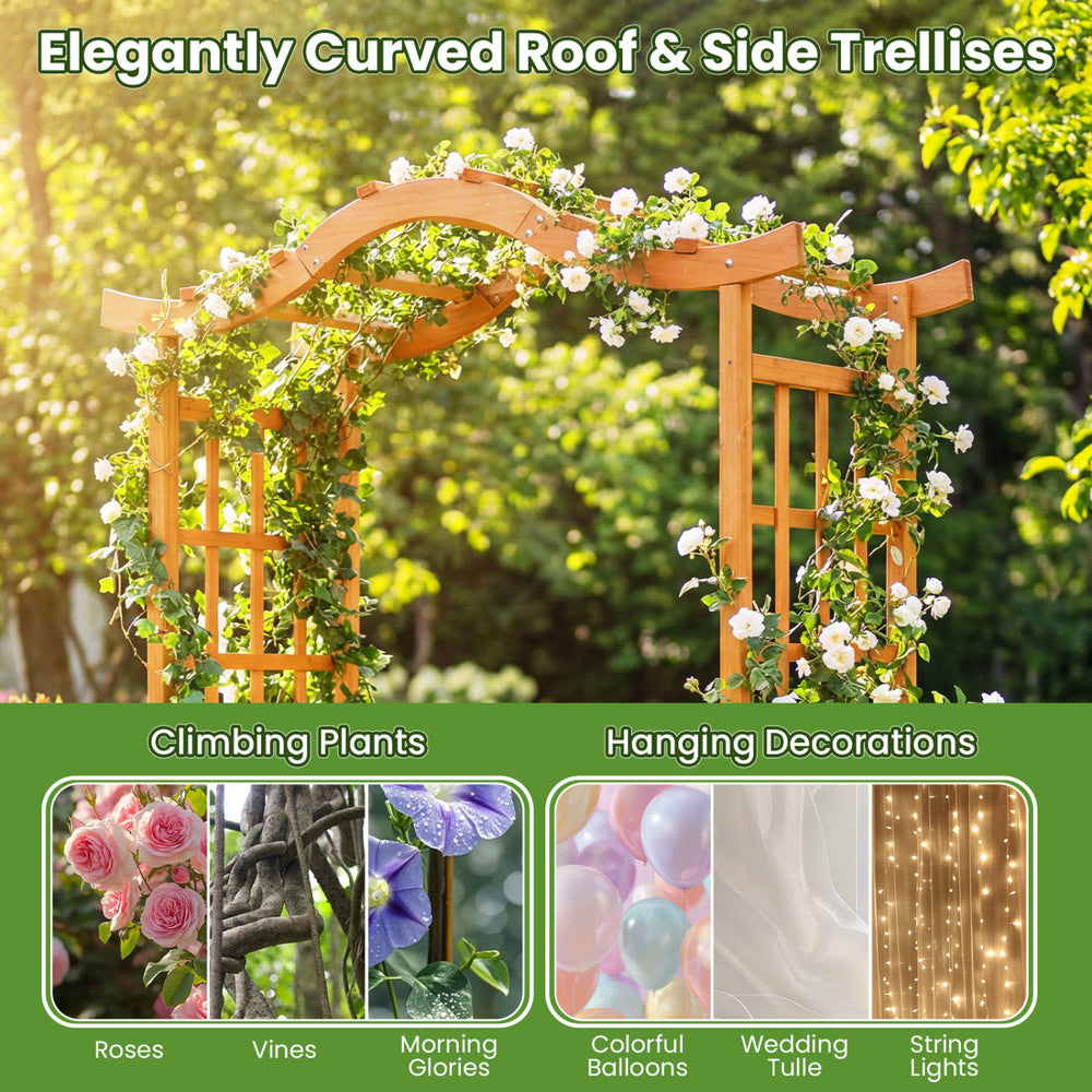 83" garden arbor with elegantly curved roof and side trellises, featuring deep planter boxes for climbing plants and.