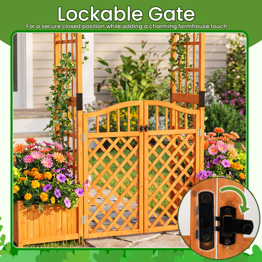 Garden arbor with lockable gate and two planter boxes in yellow, featuring fir wood construction and elegant trellises.
