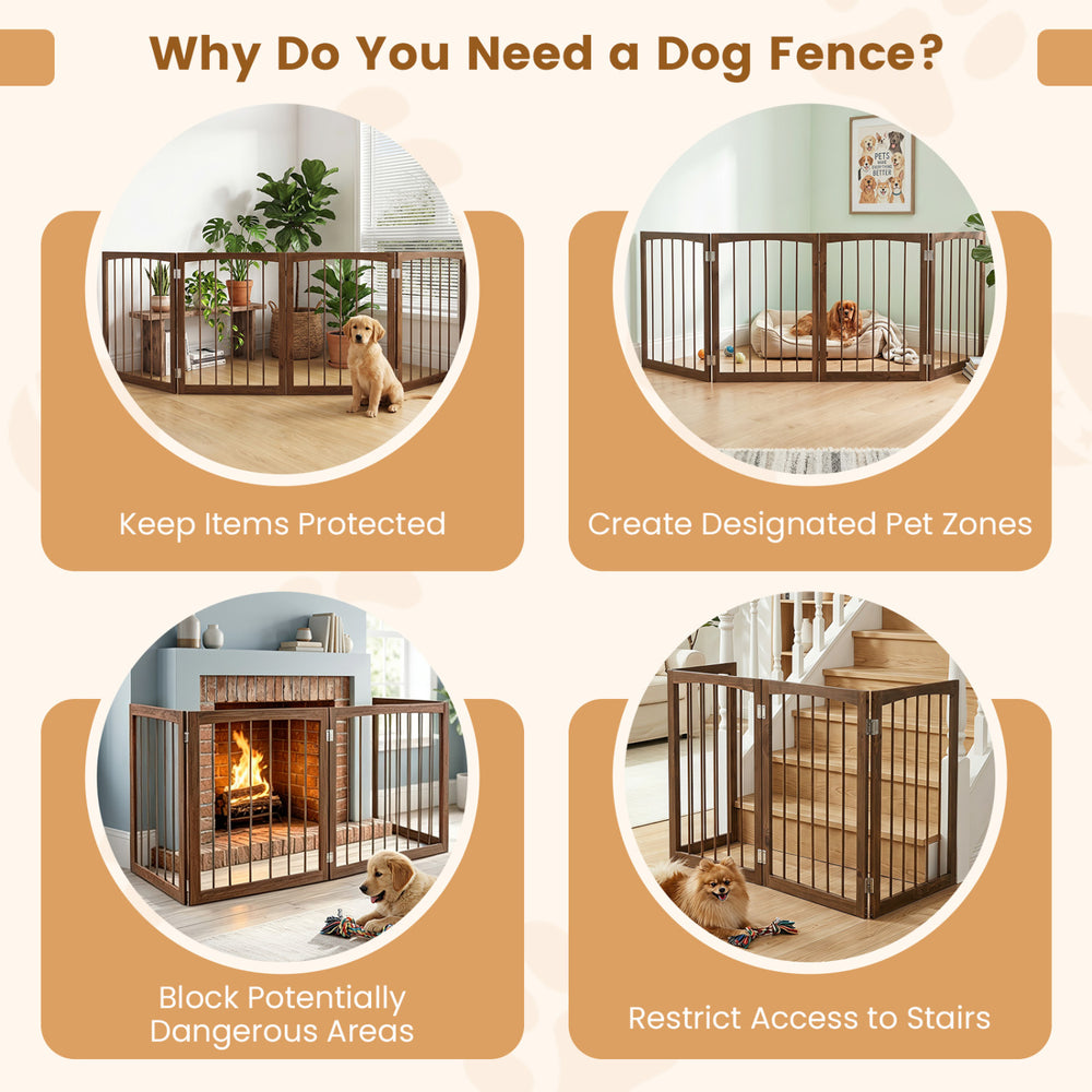 4-panel wooden dog gate in brown, 83 inches wide, ideal for flexible pet containment and protecting indoor spaces.