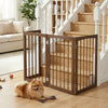 Freestanding 4-panel wooden dog gate in brown, ideal for indoor pet containment and temporary room division.