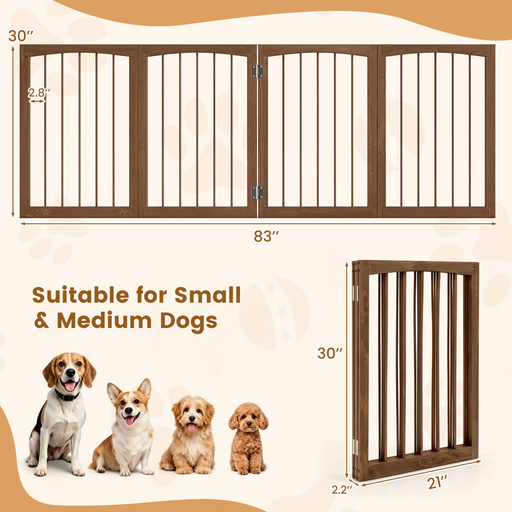 4-panel wooden dog gate in brown, 83 inches wide and 30 inches high, ideal for small and medium dogs in various spaces.
