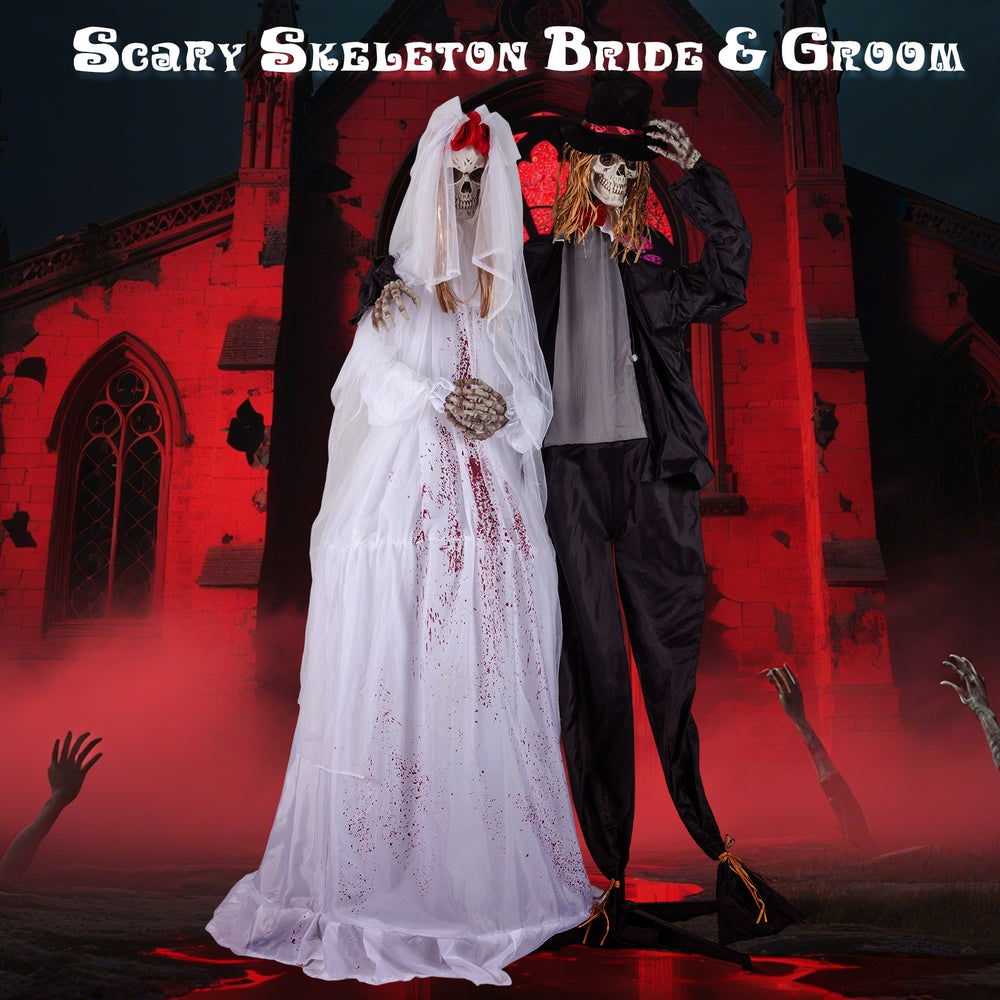 Scary skeleton groom animatronic decoration, 7.2 FT tall with moving head, red flashing eyes, and poseable arms for.