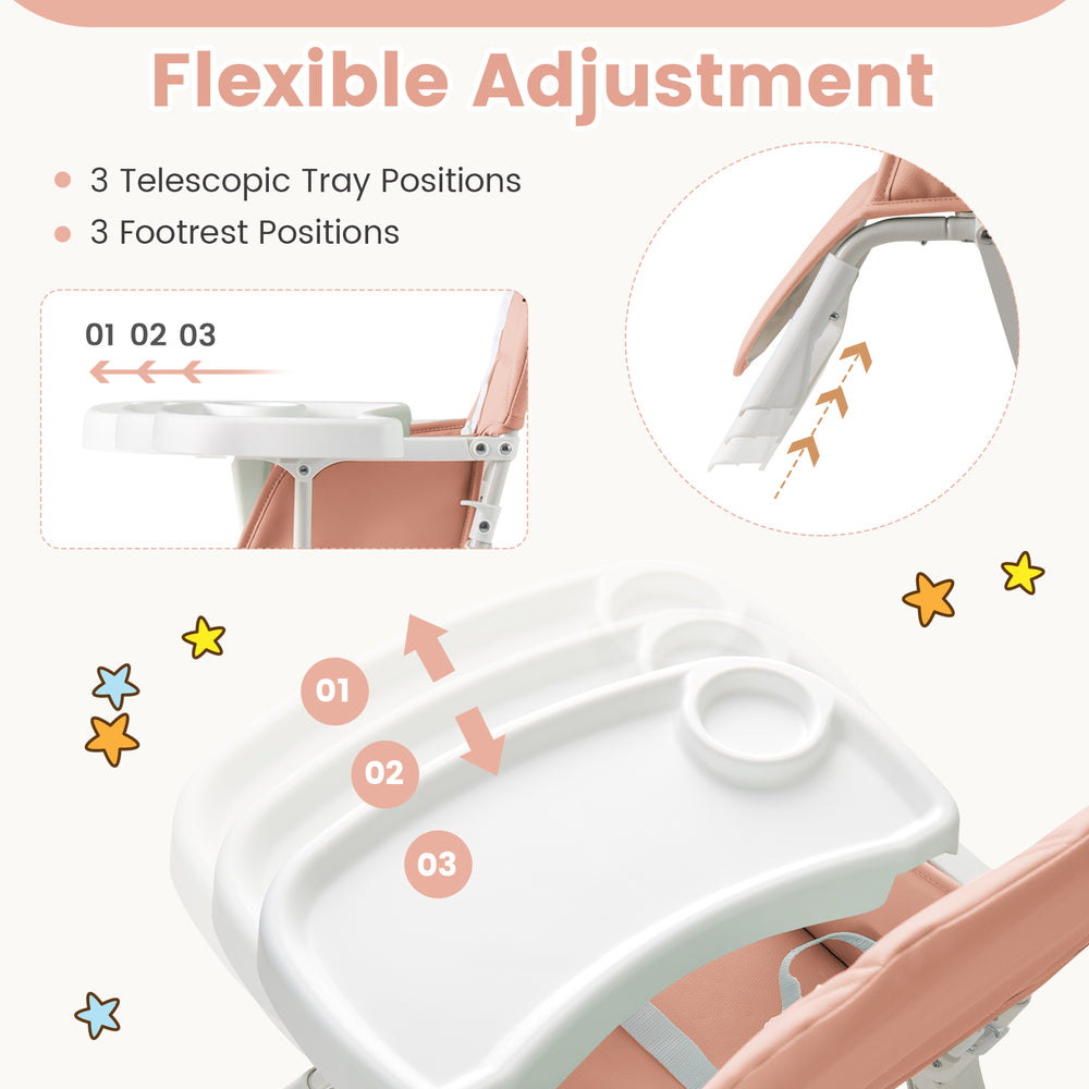 Adjustable food tray with three positions on the Easy Clean Compact Highchair in pink, designed for convenience and.