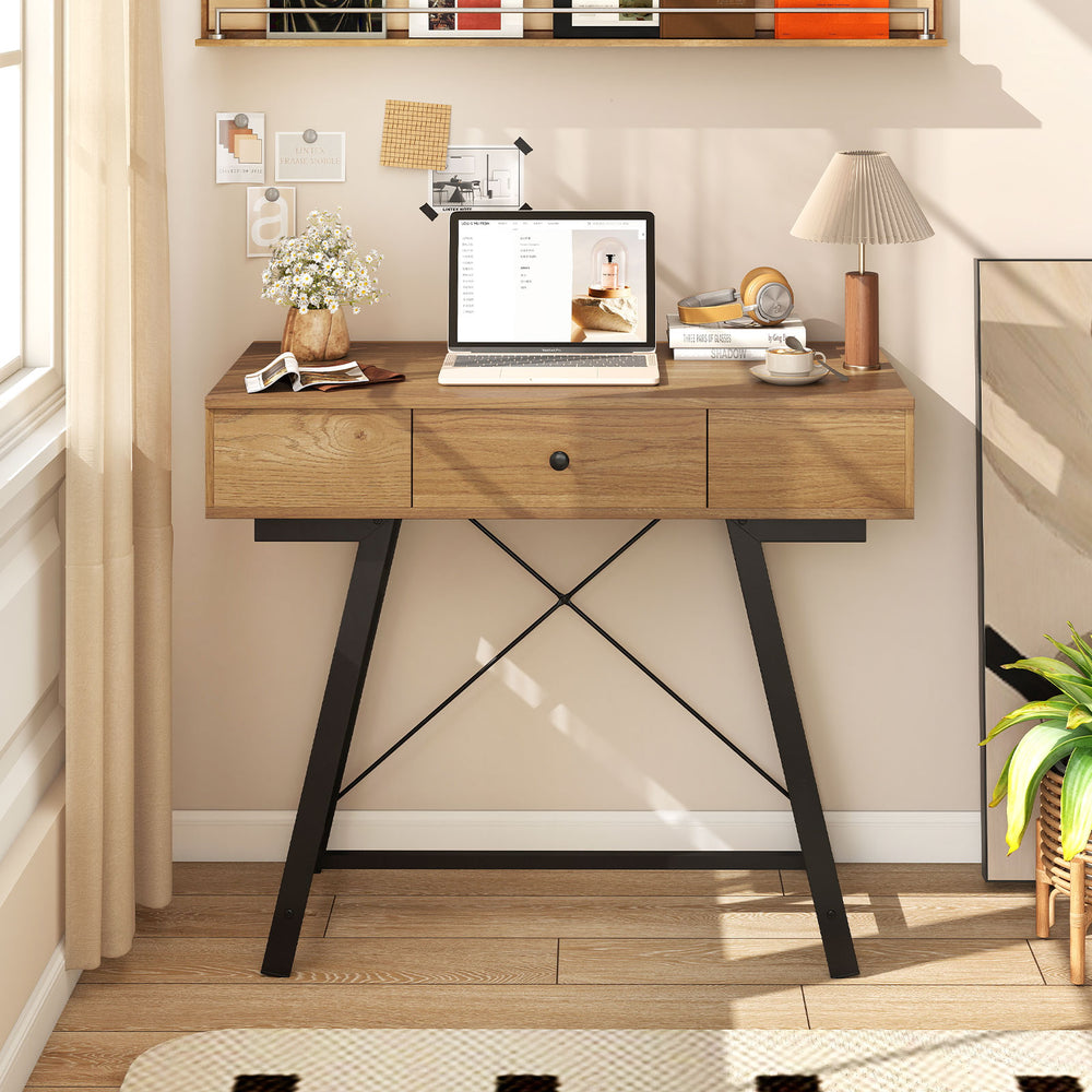 Rustic brown vanity desk with flip top mirror, featuring a drawer and compartments for storage, perfect for grooming or.