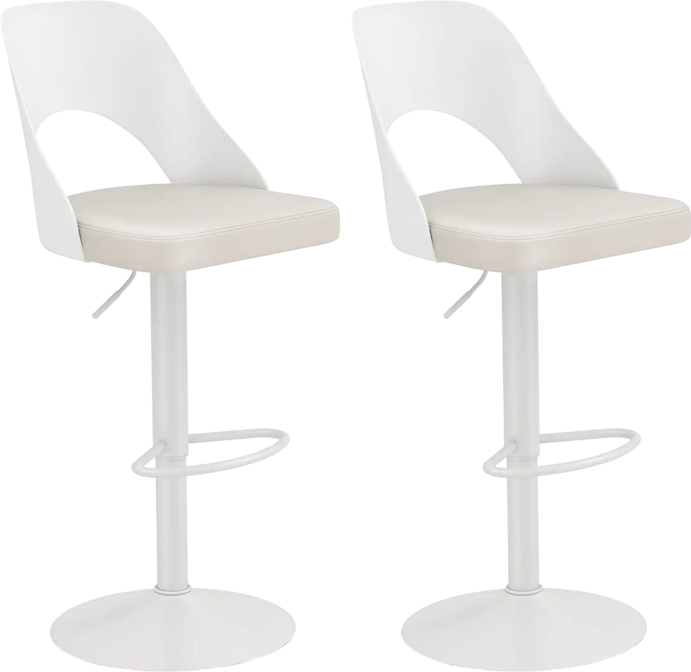 Set of 2 white bar stools with PU leather seats, adjustable height, and ergonomic backrest for comfort in kitchens or.