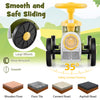 Green ride-on toy with steering wheel, train whistle, and wear-resistant wheels for smooth sliding on various surfaces.