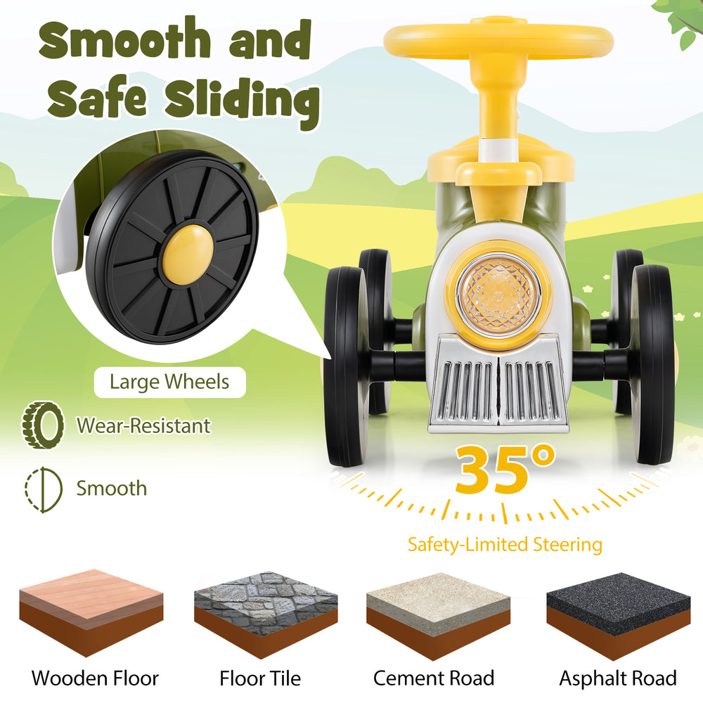 Green ride-on toy with steering wheel, train whistle, and wear-resistant wheels for smooth sliding on various surfaces.
