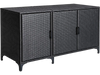 Black 84-gallon patio wicker deck box features three doors, removable shelves, and a stylish design for outdoor storage.