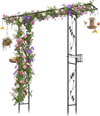 Garden arbor feeding station with black galvanized metal frame, multifunctional hooks, and vibrant flowers for outdoor charm.