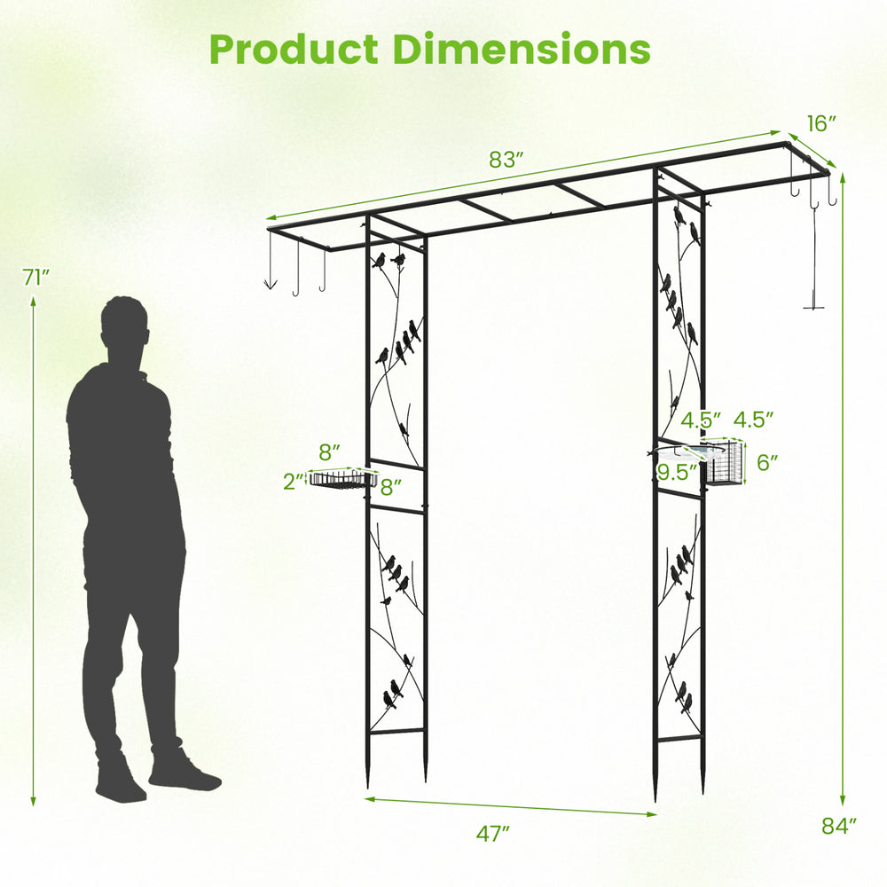 Garden arbor feeding station with water bowl and mesh tray, featuring 7 hooks and side trellises for climbing plants.