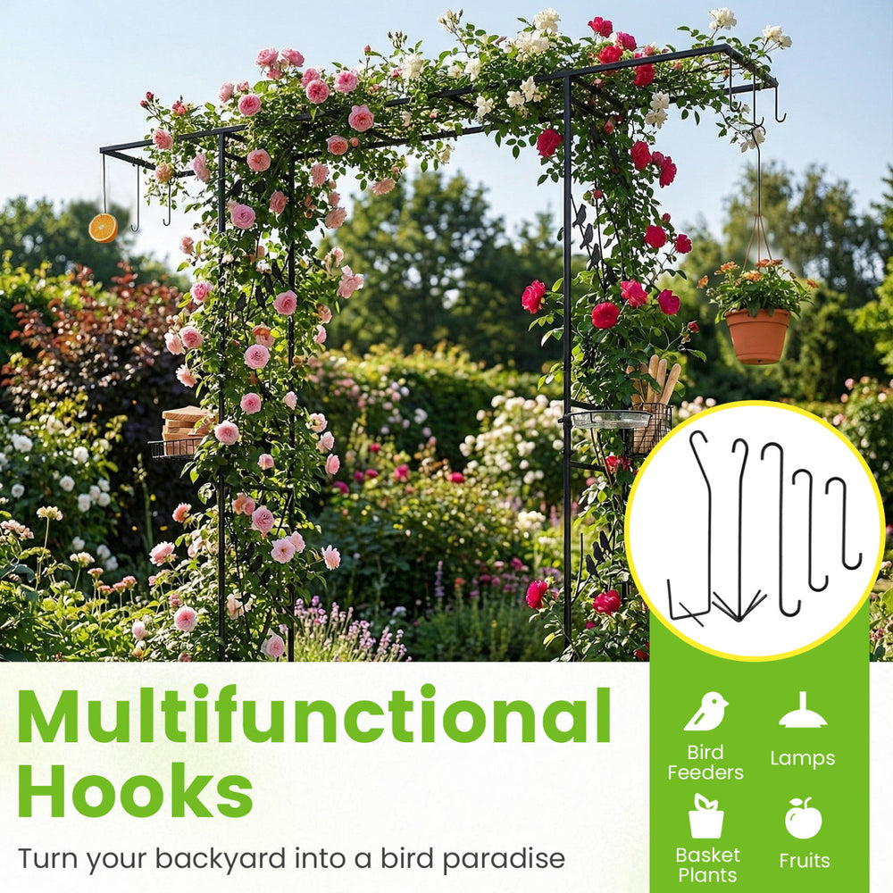 84-inch black garden arbor features 7 multifunctional hooks for hanging lamps, fruits, and basket plants in your outdoor space.
