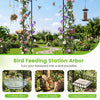 84-inch black garden arbor feeding station with water bowl and mesh tray, perfect for attracting birds and supporting climbing plants.