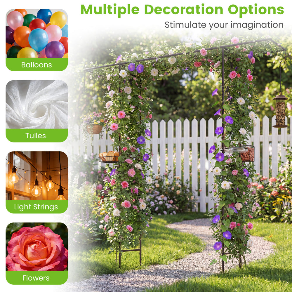 84-inch black garden arbor with multifunctional hooks, water bowl, and mesh tray for supporting climbing plants and decor.