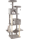Large gray cat tree with 2 condos, 2 plush perches, and scratching posts for indoor cats to play and relax.