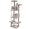 Large gray cat tree with 2 condos and 2 plush perches, perfect for indoor cats to play and relax.