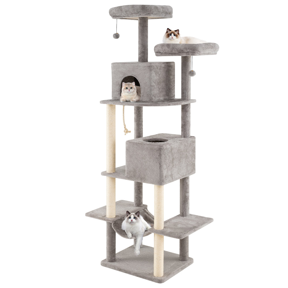Large gray cat tree with 2 condos and 2 plush perches, perfect for indoor cats to play and relax.
