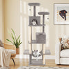 Large 84-inch gray cat tree with 2 condos, 2 plush perches, and a cozy hammock for indoor cats.